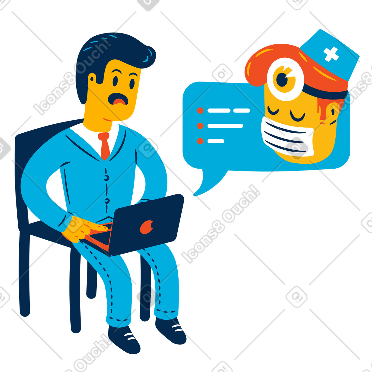 Ilustração de Homem com laptop obtém consulta online um médico em no estilo Flame para baixar em PNG, SVG