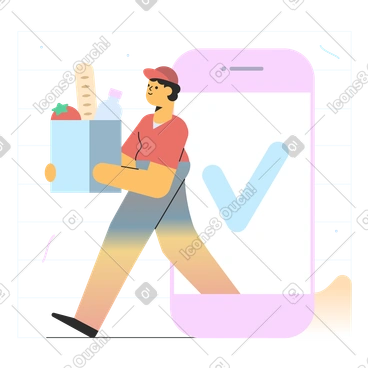 Delivery man coming from online shop in a phone with products PNG, SVG