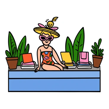 A vintage Barbie doll with light skin and blonde hair styled in an elegant updo is sitting by a sparkling blue pool. She is wearing oversized pink sunglasses and a large, floppy fashionable hat adorned with a colorful ribbon. Her outfit consists of a vibrant, retro swimsuit with a floral pattern. In the background, there are beach towels spread out on lounge chairs and tropical plants framing the scene, creating a lively pool party atmosphere.