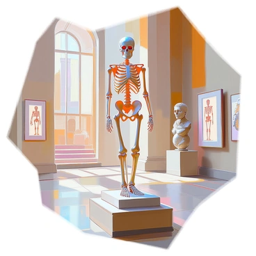 A skeleton on display in a grand hall adorned with Vesalius' anatomical art