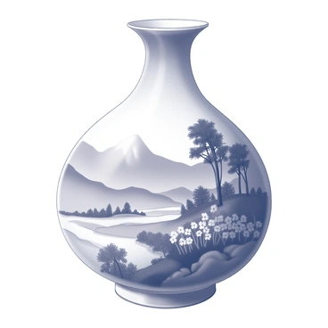 A decorative porcelain vase with an intricate design. The vase features a rounded body and a narrow neck, showcasing a detailed landscape scene. The landscape includes rolling hills, a winding river, and a cluster of trees. The foreground of the scene is accented with delicate flowers, while the background displays a distant mountain range. The overall surface of the vase is glossy, enhancing the fine details of the painted scene.