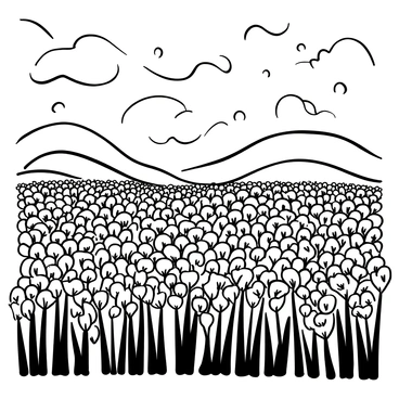 A field filled with dense clusters of "allium flowers" that appear to twist and swirl. The flowers have long, slender stems and round, pom-pom-like blooms. The background features rolling hills that undulate subtly, creating a sense of movement. The sky overhead is filled with dynamic, swirling patterns, adding to the sense of motion in the scene. The entire composition showcases an energetic interaction between the flowers and the landscape surrounding them.