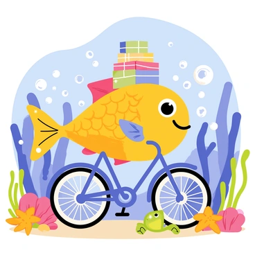 A colorful fish with bright scales is riding a small bicycle. The fish has large, round eyes and a joyful expression. It is balancing a stack of parcels carefully on the bicycle's handlebars. The underwater scene is filled with bubbles rising around the fish and vibrant coral structures in the background. Various sea creatures, like curious starfish and playful sea turtles, observe the fish as it pedals through the ocean depths. Sunlight filters down from the surface, creating a sparkling effect in the water.
