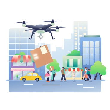 A drone with a sleek, black design is hovering above a doorstep, preparing to deliver a package. The package is a large brown box with a white label affixed to the top. In the background, a bustling city scene unfolds, featuring tall buildings with glass facades and numerous people walking along the sidewalk. A yellow taxi cab is driving down the street, and there are various storefronts with colorful awnings. Lively street trees dot the scene, providing a touch of greenery among the urban environment. The sky is a soft blue with a few wispy clouds scattered above.