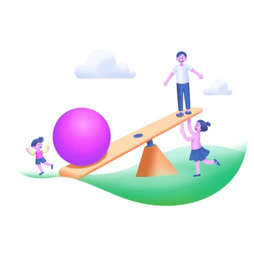 A seesaw positioned in a grassy park, one side heavily weighted down with a large, vibrant red ball, while the other side is elevated high above the ground. Children are playing nearby, with one child smiling as they stand on the elevated side of the seesaw. The sky is clear, and fluffy clouds can be seen in the background. The seesaw is made of polished wood, adding a warm tone to the scene.