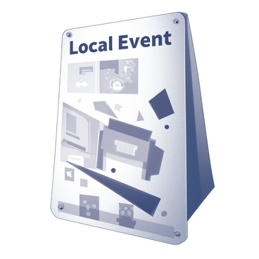A poster hanging on a wall, featuring graphics that draw attention. The poster displays text that reads "Local Event" in bold letters at the top. Below this text, various shapes and designs create a dynamic visual effect, capturing the essence of excitement and engagement. The background of the poster includes a mix of geometric patterns and illustrations relevant to the event. The edges of the poster have a slightly worn texture, indicating it has been displayed for some time.