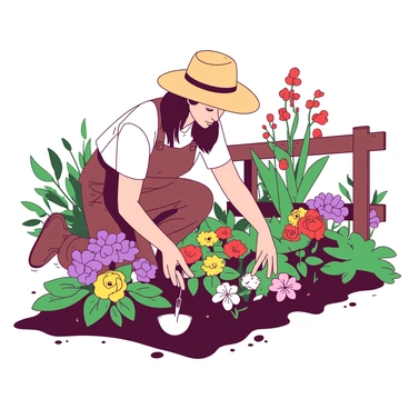 A gardener wearing a wide-brimmed hat is kneeling down on the ground, carefully tending to a flower bed filled with various blooming flowers. The flowers display a vibrant array of colors, including red, yellow, pink, and purple blooms. The gardener is holding a small trowel in one hand and inspecting a bright yellow flower with the other. In the background, there are various green plants and a wooden garden fence partially visible. Sunlight casts gentle shadows, highlighting the rich colors of the garden.