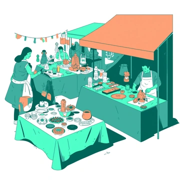 A teal outdoor market is bustling with activity, featuring local artisans displaying a variety of handmade crafts and jewelry. Several tables are arranged under vibrant orange canopies, showcasing colorful trinkets, unique pottery, and intricate beadwork. One artisan, wearing a white apron, is demonstrating the crafting of delicate silver rings, while another is arranging handcrafted wooden sculptures on a nearby display. Shoppers interact with the craftsmen, admiring the detailed designs and selecting their favorite pieces to purchase. The atmosphere is lively, filled with the sounds of chatter and laughter.