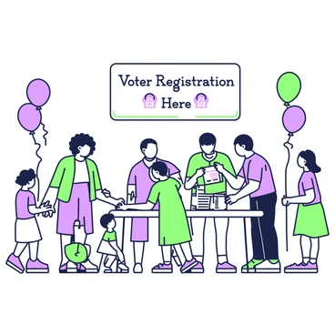 A busy voter registration booth is set up in a public space. There are multiple tables with staff members assisting individuals. People are standing in line, some holding identification documents. A woman with curly hair is filling out a registration form at a table, while a man in a blue shirt checks in. Children are standing nearby, looking curiously at the process. Balloons are tied to a nearby post, and a large sign above the booth reads "Voter Registration Here."