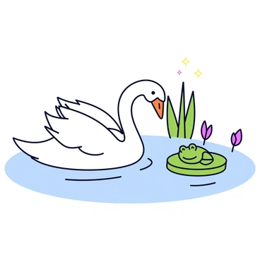 A white swan with a long neck and smooth feathers is gracefully floating on a calm pond. The swan's head is turned as it curiously observes a green frog sitting on a round lily pad. The lily pad has a glossy texture and is surrounded by small ripples in the water. In the background, there are hints of green reeds and small flowers, creating a natural setting for the scene.