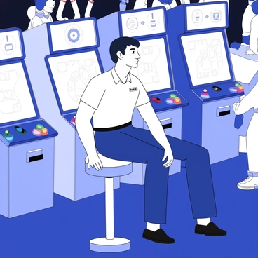 An arcade staff member is sitting on a stool during a short break. The staff member is wearing a uniform with a name tag, showing a relaxed posture with one leg crossed over the other. Surrounding the stool are various game machines, each featuring bright screens displaying colorful graphics and buttons. Some machines have joystick controls, while others have touch screens. The floor is covered with a dark carpet, and there are neon lights reflecting off the surfaces around the area. In the background, a group of players can be seen engaged in different games.