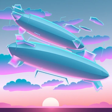 A fleet of airships with sleek, metallic bodies and vibrant sails is gliding through a sky filled with colorful clouds. The clouds are painted in hues of pink, purple, and orange, creating a dynamic backdrop. Each airship has distinct designs, ranging from traditional blimps to more modern, angular shapes. They are interconnected by glowing energy lines, suggesting a network of communication. Below, the sun is setting on a distant horizon, casting a warm light that enhances the overall color palette of the scene.