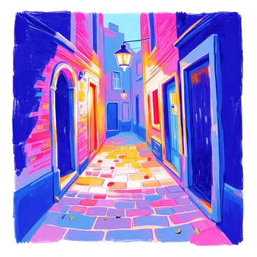 A narrow alleyway is flanked by tall brick walls that create a sense of confinement. The ground is cobbled, with uneven stones that hint at age. The alley is dimly lit by a single overhead lantern, casting a warm glow that contrasts with the surrounding darkness. Shadows stretch out from the walls and corners, creating mysterious shapes that suggest hidden figures. A few scattered leaves and debris are visible on the ground, and the air appears thick with an enigmatic atmosphere. The distant sound of water dripping adds to the sense of intrigue.
