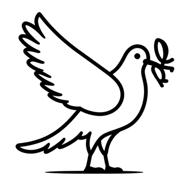 A white dove carrying an olive branch in its beak, with its wings gracefully extended in flight.