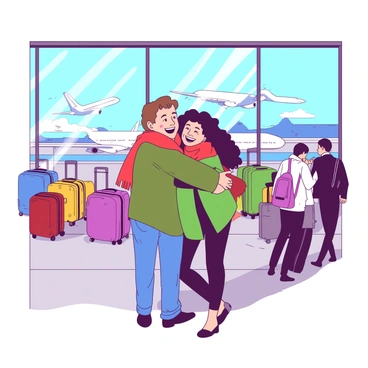 Two old friends are embracing warmly at an airport arrival gate. One friend has short brown hair and is wearing a green jacket, while the other has long curly black hair and is dressed in a red scarf. The backdrop features a large glass window showcasing airplanes on the tarmac. Colorful luggage carts are parked nearby, and fellow travelers are walking by, creating a lively atmosphere. The sunlight streams in through the window, illuminating their joyful expressions as they reunite.