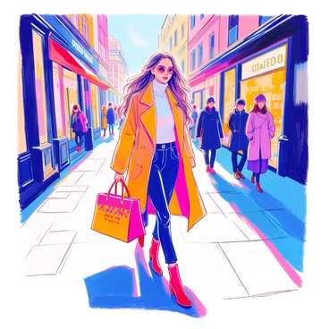 A stylish woman with long, flowing hair is walking down a busy city street. She is wearing a fashionable, tailored coat and sleek high-heeled boots. In her hand, she proudly carries a "Chanel" bag, which is prominently displayed. The street is lined with modern buildings, and there are people in the background who are also walking, engaged in their own activities. Bright city lights and storefronts add to the urban atmosphere.