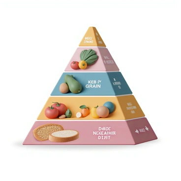A nutrition pyramid, prominently featuring various food groups, is displayed with clear sections. The base of the pyramid consists of whole grains, illustrated as brown rice, whole wheat bread, and oats. The next section shows a variety of fruits and vegetables, including bright red tomatoes, green leafy spinach, and yellow bell peppers. Above that, there are protein sources such as chicken, fish, beans, and nuts. The top section of the pyramid is dedicated to lipids, showcasing healthy fats like avocados, olive oil, and seeds, all labeled clearly to emphasize their importance. The pyramid itself is vibrant and informative, with arrows or icons indicating the recommended portions of each food group in a balanced diet.