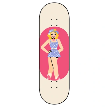 A skateboard deck with a rectangular shape featuring a large illustration of a "classic pinup girl" in the center. The pinup girl is styled with retro clothing, wearing a polka dot dress and red lipstick. She is posed playfully, with one hand on her hip and a smile on her face. The background of the skateboard deck is a vibrant red, enhancing the vintage theme. The edges of the deck are outlined in a bold black to create contrast.
