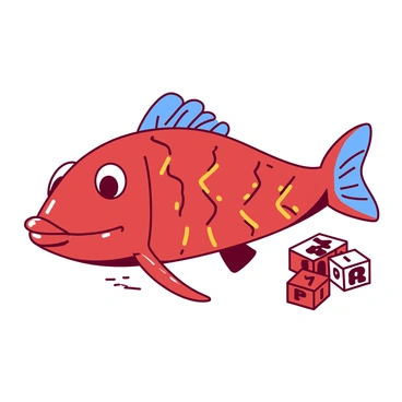A stylized red wooden fish toy with intricate carvings is displayed in the center. The fish features a shiny blue tail fin and bright yellow scales along its body. It has large, friendly eyes painted in white, giving it an inviting expression. The fish is resting on a light-colored surface, and next to it, there are small colorful blocks with letters and numbers scattered around, adding to the playful scene.