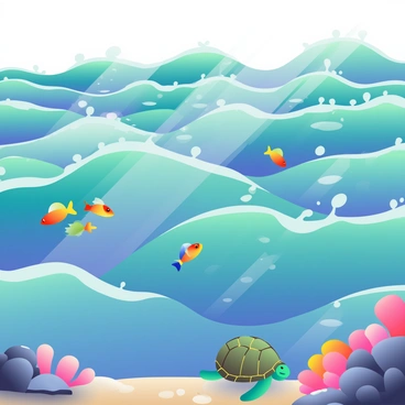A vast ocean scene filled with rolling waves in varying shades of blue and green. The waves are cresting, revealing white foam at the tips as they crash. Beneath the surface, a school of vibrant fish in hues of orange, yellow, and blue swim energetically through the water. A graceful sea turtle glides through the ocean, its shell patterned in shades of brown and green. Near the rocky seabed, a group of colorful coral formations can be seen, providing homes for small marine creatures. Sunlight filters through the water, creating shimmering patterns on the ocean floor.