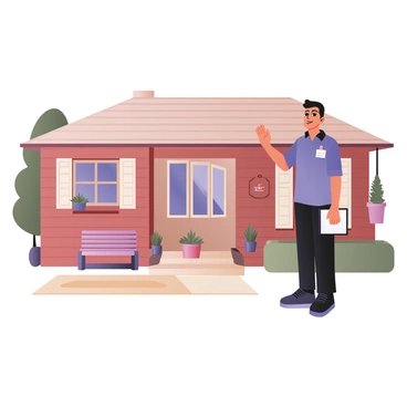 A census worker standing at the front door of a suburban home. The worker is wearing a blue polo shirt with a badge and has medium skin and short black hair. A clipboard is held in their left hand, while their right hand is raised to knock on the door. The house has a red brick exterior with white shutters and a small porch adorned with potted plants. A welcoming mat is positioned at the entrance, and a wooden bench sits beside the door. In the background, there are green trees and a clear sky.