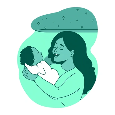 A teal parent gently cradles a small white baby in their arms, softly singing a lullaby. The parent’s face is calm and loving, with a warm smile as they look down at the baby. The baby has closed eyes, showing a peaceful expression, nestled against the parent's shoulder. Above them, a starry ceiling light casts a soft glow, illuminating the scene with tiny twinkling stars in various sizes. The background is cozy and inviting, enhancing the intimate moment shared between the parent and child.