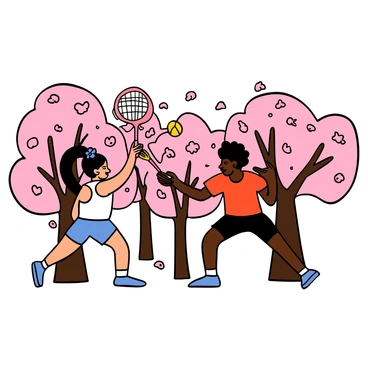 A badminton game is in progress amidst a grove of cherry blossom trees. The trees are in full bloom, with clusters of pink flowers creating a vibrant backdrop. Cherry blossom petals are gracefully falling from the branches, fluttering in the air around the players. One player, a light-skinned woman with long black hair tied in a ponytail, wears a white sports tank top and blue shorts. She is poised to hit the shuttlecock. The opposing player, a dark-skinned man with short curly hair, is wearing a red t-shirt and black shorts, ready to receive the birdie. The scene captures the dynamic energy of the game and the beauty of nature surrounding them.
