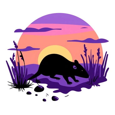A black silhouette of a shrew is seen against a vibrant sunset sky filled with hues of orange and purple. The shrew is depicted in an active pose, with its tiny legs extended as it explores the ground. In the foreground, there are various grasses and small plants, some bending slightly as if stirred by a gentle breeze. The sunset sky creates a striking contrast with the silhouette, highlighting the shrew’s small, pointed features and subtle movements.