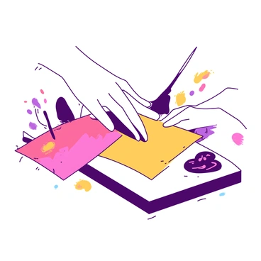 A close-up of a pair of hands gently exploring various art materials. The hands are touching a rough piece of sandpaper, a smooth sheet of canvas, and a squishy lump of modeling clay. Each texture is distinct and brings a sense of discovery. The hands are in a natural position, with fingers spread slightly apart as they navigate the different surfaces. There are splashes of vibrant color around, hinting at the creative process taking place. The overall composition focuses on the hands, conveying a sense of tactile exploration and creativity without sight.