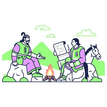 Genghis Khan is depicted as a strong, imposing figure wearing traditional Mongolian armor, seated on a rock formation. He has a prominent mustache and long hair tied back, with a serious expression on his face. Next to him is his grandson Kublai Khan, who is dressed in ornate attire, showcasing his royal lineage. Kublai has short hair and is looking intently at Genghis, holding a scroll that contains plans for their empire. Surrounding them is a vast steppe landscape, with a few distant mountains. The sky is clear, and there are occasional clouds drifting by. Their horses are tied nearby, and a small campfire burns between them, emphasizing the intimate nature of the discussion.