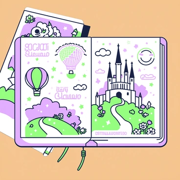 A dream journal lies open on a wooden desk, displaying a page filled with whimsical dream illustrations. The page is adorned with sketches of various dreamlike elements, including a floating castle with spires and clouds surrounding it. There are also illustrations of a giant moon with a smiling face and stars scattered around it. On the left side, a colorful hot air balloon drifts above a landscape of rolling hills and oversized flowers. There are doodles of colorful creatures peeking from behind the clouds and a winding path leading to an imaginary land. The journal has a decorative cover, partially visible, hinting at its magical theme.