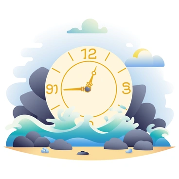 Ocean waves are crashing against a giant clock face that is embedded in a rocky shore. The clock face is circular, with intricate golden hour and minute hands, and numbers marked in a bold serif font. The waves are turquoise and foamy, splashing high as they hit the rugged, dark gray rocks surrounding the clock. The sky above is overcast, with hints of sunlight peeking through the clouds, creating a soft glow on the water. Small pebbles and shells are visible on the sandy area near the shore, adding detail to the landscape.
