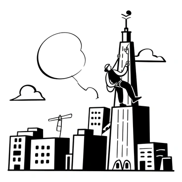 An urban adventurer wearing a climbing harness and equipped with climbing gear is scaling a tall skyscraper. The adventurer is gripping a ledge and has one foot on a protruding architectural feature of the building. The sun is setting in the background, casting a large silhouette of the skyscraper against the sky. Below, the cityscape is visible, with smaller buildings and streets bustling with activity. There are clouds in the sky, enhancing the atmosphere of the scene.