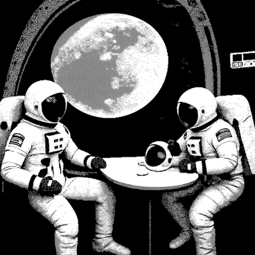 Two astronauts are seated at a small table in a spaceship, focused on a game of cards. One astronaut has a helmet resting on the table, while the other is holding a hand of cards, displaying various suits. They are wearing space suits with distinct patches and equipment around their waists. In the background, a large window reveals the planet Earth, showcasing its round shape against the vastness of space. The interior of the spaceship has control panels and various instruments visible, adding to the space environment.