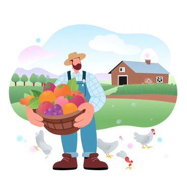 A farmer holding a large basket overflowing with seasonal fruits set against a rustic farm backdrop