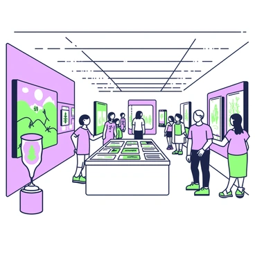 A spacious student art gallery is filled with various styles of illustration. The walls are lined with large frames displaying intricate artworks. To the left, there is a large piece featuring a whimsical landscape, complete with rolling hills and colorful trees. Adjacent to it, a series of smaller illustrations depict animals in a playful manner. In the center of the gallery, a long table holds several sketchbooks open to displays of character designs and concept art. Visitors are walking through the gallery, some stopping to admire a specific piece while others discuss their favorites with friends. On a small pedestal, an award for "Best Illustration" is prominently displayed.