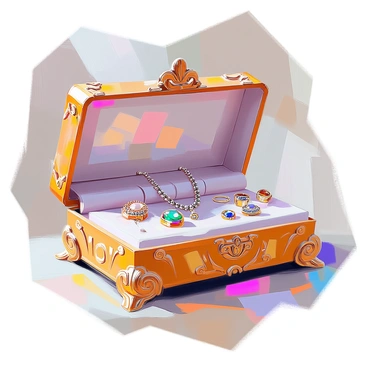 An ornate antique jewelry box with intricate carvings and delicate designs, positioned open to showcase its contents. Inside the box, several vintage necklaces are elegantly displayed, featuring pearls, gemstones, and intricate metalwork. Alongside the necklaces, a selection of vintage rings is visible, showcasing unique settings and colorful stones. The interior of the jewelry box is lined with a soft, velvety fabric that enhances the display of the jewelry.