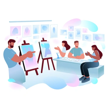 Several artists are present at an art fair, each situated at their own booth surrounded by colorful illustrations displayed prominently on easels and tables. One artist is pointing to a vibrant piece of artwork that features abstract shapes in gradient pastel colors, while another artist is sitting behind a table filled with small prints and sketchbooks. Potential buyers are gathered around, examining the artworks with interest. Various artworks in differing sizes and styles hang on the walls behind them, creating a lively atmosphere filled with creativity and conversation.