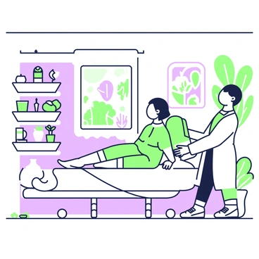 A therapist with short hair is standing beside a patient who is sitting on a therapy table in a cozy therapy room. The therapist is demonstrating neck pain relief techniques, using her hands to show a gentle stretch. The patient appears focused and relaxed, wearing a comfortable outfit. Along the walls, there are shelves with various therapy tools and plants. Soft light filters in from a window, illuminating the warm colors of the room and creating a welcoming atmosphere. A large painting of calming nature is visible on one wall, complementing the scene.