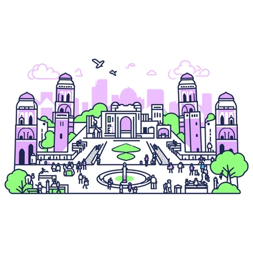 A vast ancient cityscape stretches across the horizon. Towering stone buildings, adorned with intricate carvings, rise majestically against the sky. The architecture displays grand columns and archways, showcasing the craftsmanship of the era. Below, bustling streets are filled with people engaged in various activities. Vendors are selling goods from small stalls, while pedestrians weave through the crowd. A large fountain sits at the center of a plaza, surrounded by lush greenery and benches. Overhead, birds soar through the air, adding a sense of life to the scene.