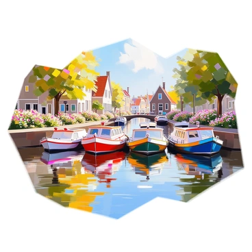 A row of brightly colored fishing barges peacefully docked along a picturesque canal. Each barge displays a unique combination of vibrant colors, including shades of red, blue, yellow, and green. The water of the canal reflects the colors of the barges, creating a harmonious interplay of light. Lush greenery lines the banks of the canal, with flowers blooming in vibrant hues adding to the scene. In the background, quaint buildings with charming architecture complement the setting, enhancing the overall picturesque quality of the scene.