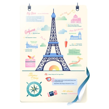 An A3 board is filled with a detailed illustrated travel journal page. In the center, there is a large, intricately drawn "Eiffel Tower" with a light blue sky in the background. Surrounding the tower are smaller sketches of various landmarks, including "Big Ben," "the Colosseum," and "the Great Wall of China." Each landmark has a small note next to it, written in a playful font, with travel tips and highlights. There are colorful doodles of a suitcase, a camera, and a pair of sunglasses scattered throughout the page. At the bottom of the board, a hand-drawn compass with the cardinal directions labeled adds a sense of exploration to the scene.