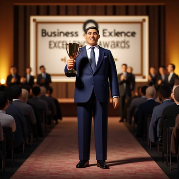 A CEO with short, slicked-back hair, wearing a tailored navy blue suit and a crisp white shirt. They stand confidently on a well-lit stage adorned with elegant decorations. The CEO is holding a gleaming trophy in one hand, with a proud smile on their face. In the background, there is an audience composed of well-dressed individuals, some clapping and others taking photos. A large banner above the stage reads “Business Excellence Awards” in bold letters, creating a formal atmosphere. The lighting casts a warm glow on the scene, highlighting the moment of recognition.