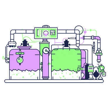 A factory floor filled with various machinery and equipment. In the foreground, there are large metal tanks covered in visible insulation wrapping. The insulation is textured and appears to be tightly secured around the tanks. Nearby, pipelines run along the floor and walls, also wrapped in insulation, with visible seams and overlaps. The machinery includes a series of gears and levers, some of which are interconnected with the insulated pipes. In the background, there are additional machines with gauges and control panels, creating an industrial setting filled with intricate details.