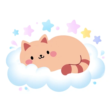 A fluffy kawaii cat is lounging comfortably on a fluffy cloud. The cloud has a soft, rounded shape and a white, airy texture. Surrounding the cat are pastel-colored stars in various sizes, each star exhibiting shades of pink, blue, and yellow. The stars are scattered playfully throughout the scene, creating a whimsical atmosphere. The cat has a round body and is fluffy, with a cute posture that enhances its adorable appearance.