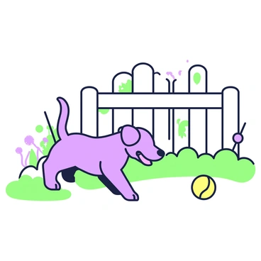 A puppy with floppy ears and a wagging tail is playing with a tennis ball in a backyard. The puppy is on all fours, leaning forward with its mouth open in excitement as it prepares to chase the ball. The tennis ball is bright and round, positioned just a few inches away from the puppy. In the background, there is a wooden fence with a few plants growing alongside it. A patch of grass covers the ground, and there is a small flower bed with a couple of flowers visible. The overall scene captures the playful and energetic spirit of the puppy.