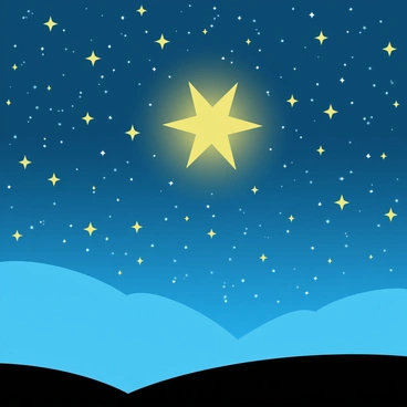 A vast starry sky filled with countless twinkling stars in varying sizes. The sky is predominantly deep blue, creating a contrast with the bright, prominent star that shines brilliantly in the center. This star emits a warm golden light, illuminating the surrounding stars. Below the star, a silhouette of a distant landscape is visible, hinting at hills and valleys. The scene evokes a sense of guidance and direction towards a destination.