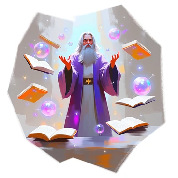 A sorcerer with long, flowing robes in deep shades of purple and blue stands at the center of the composition. He has long, silver hair cascading down his shoulders, and his focused expression suggests deep concentration. Around him, several spell books are floating in mid-air, their pages flipping as if caught in an unseen wind. Glowing magical artifacts, including a shimmering crystal orb and intricate talismans, also hover nearby, radiating a soft, ethereal light. The sorcerer's hands are raised, as if channeling energy towards the books and artifacts that surround him. A sense of mystical energy fills the scene, emphasizing the sorcerer's powerful presence.