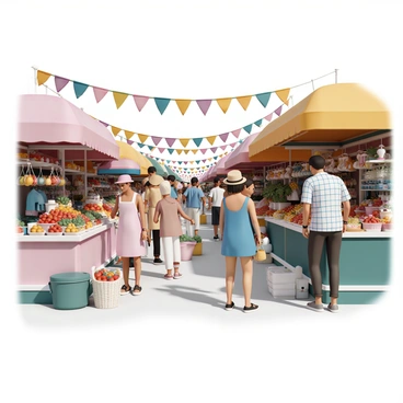 A bustling marketplace filled with vibrant stalls and a diverse array of goods. There are multiple vendors, each displaying an assortment of colorful fruits, vegetables, and handmade crafts. Customers of various ages and backgrounds are engaging with the vendors, some examining products while others are making purchases. In the foreground, a woman wearing a blue dress and a straw hat is selecting ripe tomatoes. Nearby, a man in a checkered shirt is chatting with a vendor, who is wearing an apron. Overhead, colorful banners flutter in the breeze, adding to the lively atmosphere. The scene is bathed in warm sunlight, illuminating the details of the marketplace.