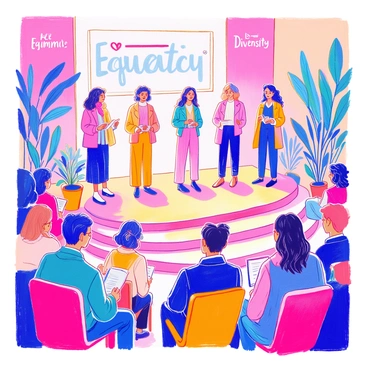A summit scene features speakers representing all genders standing on an equal platform. Each speaker displays a diverse range of appearances, including varying skin tones, hair styles, and clothing types. The platform is surrounded by a captivated audience, with people engaged in conversation and taking notes. Banners with the words "Equality" and "Diversity" are displayed in the background. Brightly colored chairs are arranged for the audience, and potted plants add a touch of greenery to the setting.